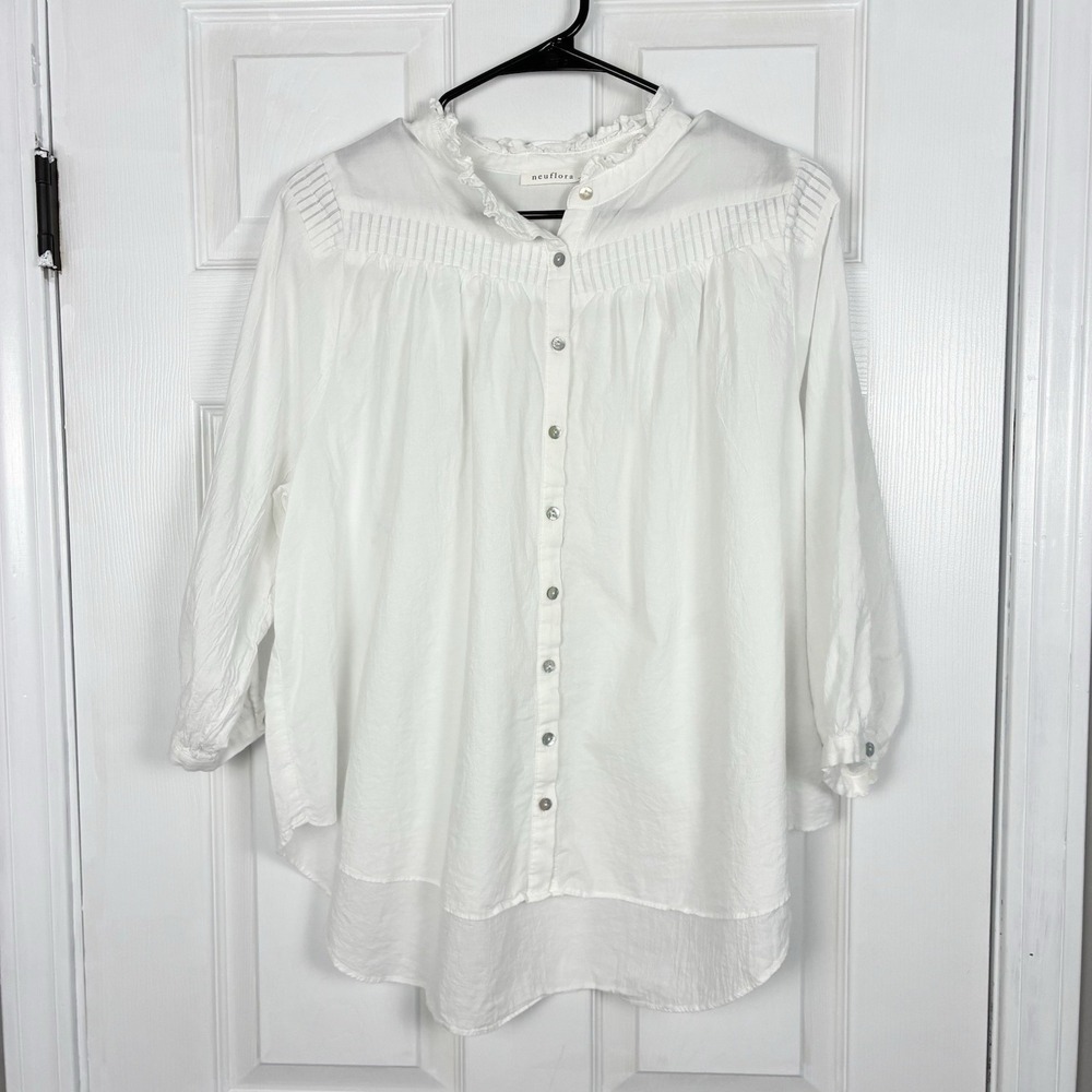 Neuflora White Button Front Pintuck Peasant Balloon Sleeve Blouse Top Medium